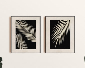Impresión de arte de pared abstracta Juego de 2, Arte de pared de hoja botánica, Decoración de arte de pared negra y beige, Arte imprimible de arte digital, Impresión de arte tropical