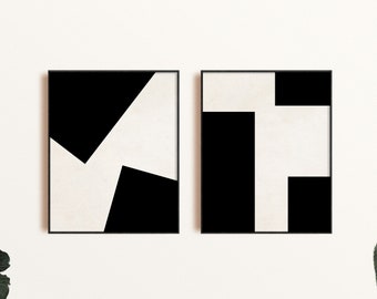 Modern Abstract Wall Art Print Set of 2, Black Beige Geometric Shapes Art, Printable Modern Wall Art, Minimal Abstract Art Print Digital