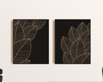Arte de pared negro y dorado, conjunto de arte de pared imprimible moderno de 2, impresión de arte de hoja, arte de pared de oro, impresiones de descarga digital, impresiones de arte abstracto