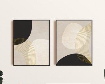 Modern Abstract Wall Art Print Set of 2, Black and Gold Geometric Shapes Art, Printable Modern Wall Art, Minimal Abstract Art Print Digital
