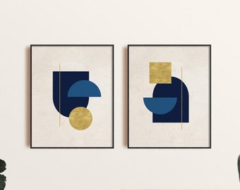 Mid Century Modern Printable Wall Art Set of 2, Neutral Abstract Geometric Digital Download Prints, Blue Gold Abstract Art Set, Minimal Art