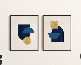 Juego de arte de pared imprimible moderno de mediados de siglo de 2, impresiones de descarga digital geométrica abstracta neutra, conjunto de arte abstracto de oro azul, arte minimalista