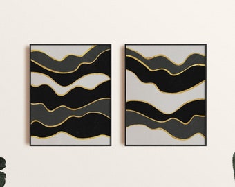 Impresión de arte abstracto de oro negro, arte de pared negro, conjunto de arte de pared imprimible moderno de 2, arte de pared minimalista, descarga digital, decoración de pared de oro