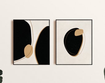 Impresión de arte abstracto negro, juego de impresión de arte de pared moderno de 2, cartel abstracto moderno, arte minimalista neutral negro, arte de pared imprimible digital