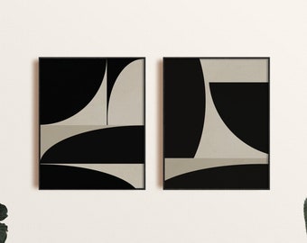 Arte de pared abstracto moderno conjunto de 2, arte de formas geométricas negras y beige, arte de pared moderno imprimible, impresión de arte abstracto mínimo digital