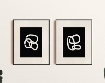 Arte de pared abstracto moderno conjunto de 2, arte de formas geométricas negras y beige, arte de pared moderno imprimible, impresión de arte abstracto mínimo digital