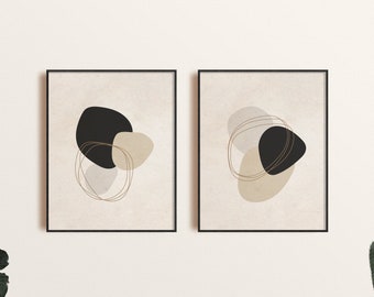 Arte de pared abstracto moderno juego de 2, arte de formas geométricas beige neutro, arte de pared moderno imprimible, impresión digital en negro beige mínimo