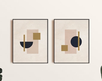 Juego de arte de pared imprimible moderno de 2, juego de impresión de arte geométrico, arte de pared de gráficos modernos, impresión azul marino beige dorado de mediados de siglo, impresión de arte Boho