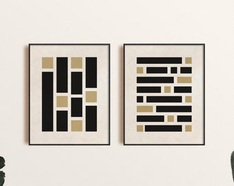 Arte de pared abstracto moderno conjunto de 2, arte de formas geométricas negras y doradas, arte de pared imprimible, impresión digital de arte moderno de mediados de siglo