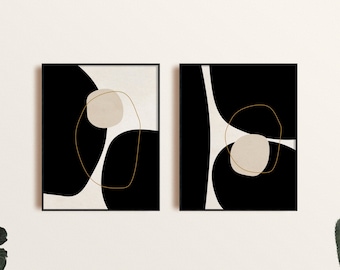 Arte de pared abstracto moderno conjunto de 2, arte de formas geométricas negras y beige, arte de pared moderno imprimible, impresión de arte abstracto mínimo digital