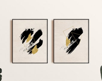 Impresión de arte de pared abstracto moderno conjunto de 2, impresión abstracta en negro y oro, arte de pared moderno imprimible, impresión de arte abstracto mínimo digital
