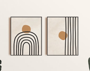 Mid Century Modern Printable Wall Art Set of 2, Neutral Geometric Shapes Art, Boho Art Print, Abstract Art Print, Black Beige Minimal Print