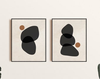 Arte de pared abstracto moderno conjunto de 2, arte de formas geométricas negras y beige, arte de pared moderno imprimible, impresión de arte abstracto mínimo digital