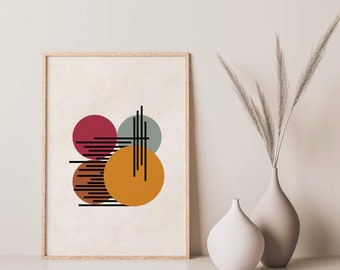 Arte de pared moderno de mediados de siglo, impresión de arte abstracto, decoración de pared de formas geométricas, impresión de arte de pared de puntos, impresión de arte colorido, arte digital imprimible