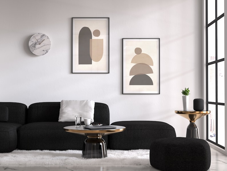 Juego de impresión de arte moderno de mediados de siglo de 2, arte de pared de formas geométricas neutras, juego de impresión de arte abstracto mínimo, arte de pared de decoración boho de impresión digital imagen 5