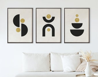 Conjunto de arte de pared imprimible moderno de mediados de siglo de 3, impresiones de descarga digital geométrica en negro y oro, conjunto de arte abstracto moderno, arte minimalista
