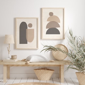 Juego de impresión de arte moderno de mediados de siglo de 2, arte de pared de formas geométricas neutras, juego de impresión de arte abstracto mínimo, arte de pared de decoración boho de impresión digital imagen 4