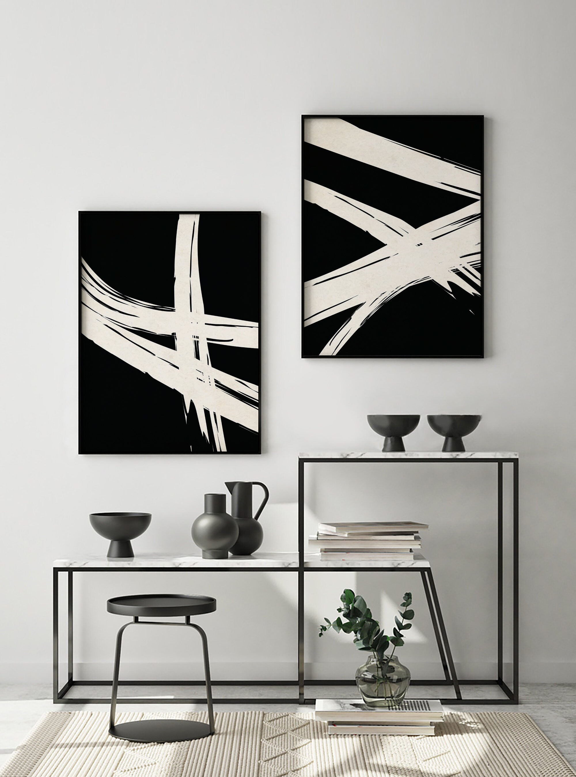 Abstract Wall Art Print Set of 2, Modern Black White Wall Art ...