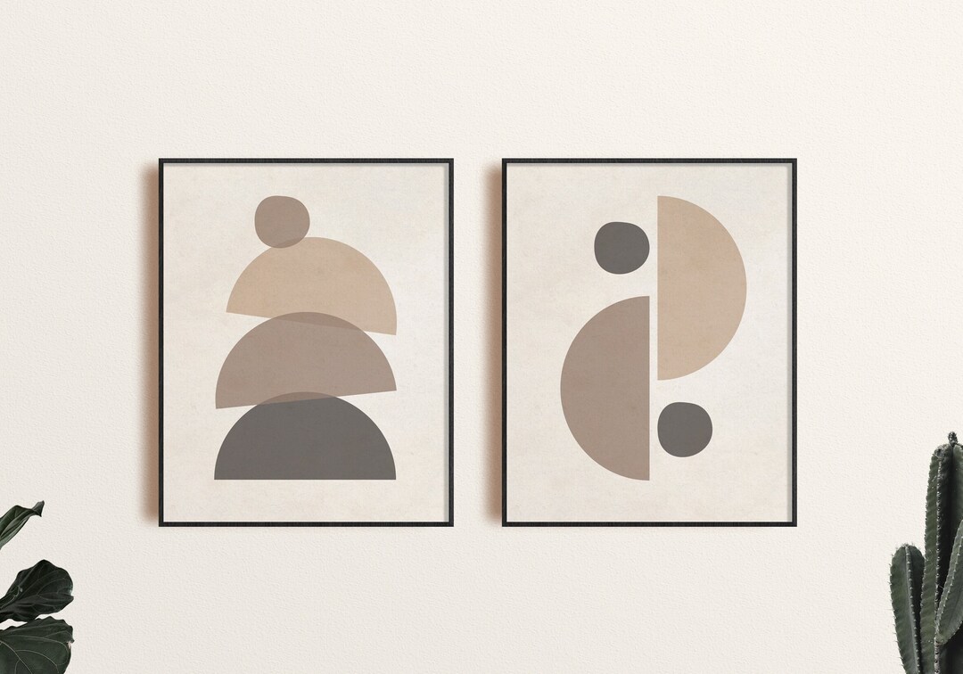 Mid Century Modern Art Print Set of 2, Neutral Geometric Shapes Wall ...
