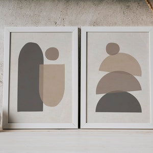 Juego de impresión de arte moderno de mediados de siglo de 2, arte de pared de formas geométricas neutras, juego de impresión de arte abstracto mínimo, arte de pared de decoración boho de impresión digital imagen 7