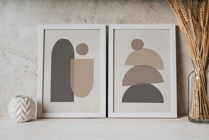 Juego de impresión de arte moderno de mediados de siglo de 2, arte de pared de formas geométricas neutras, juego de impresión de arte abstracto mínimo, arte de pared de decoración boho de impresión digital imagen 7