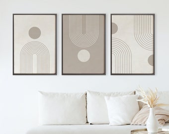 Conjunto de arte de pared imprimible moderno de mediados de siglo de 3, arte beige neutro, impresiones de descarga digital abstracta, conjunto de arte de pared Boho, arte abstracto mínimo