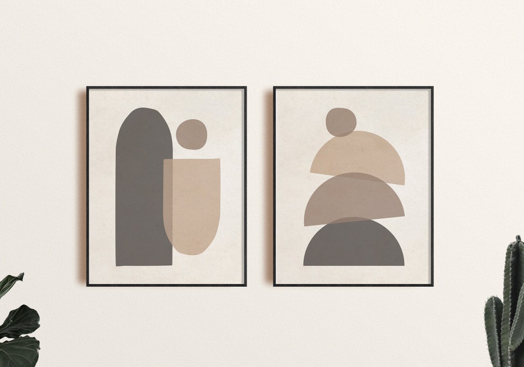 Mid Century Modern Art Print Set of 2, Neutral Geometric Shapes Wall ...