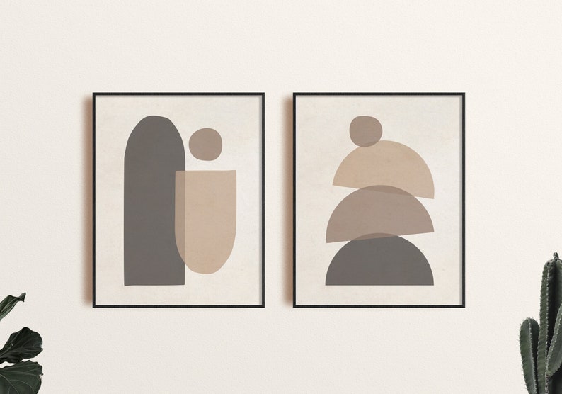 Juego de impresión de arte moderno de mediados de siglo de 2, arte de pared de formas geométricas neutras, juego de impresión de arte abstracto mínimo, arte de pared de decoración boho de impresión digital imagen 1