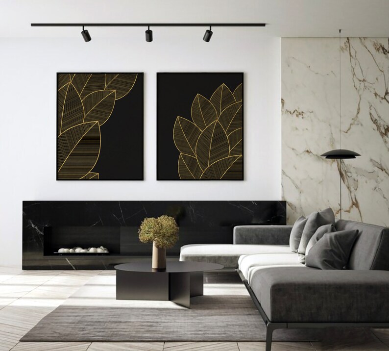 Black and Gold Wall Art, Modern Printable Wall Art Set of 2, Leaf Art ...