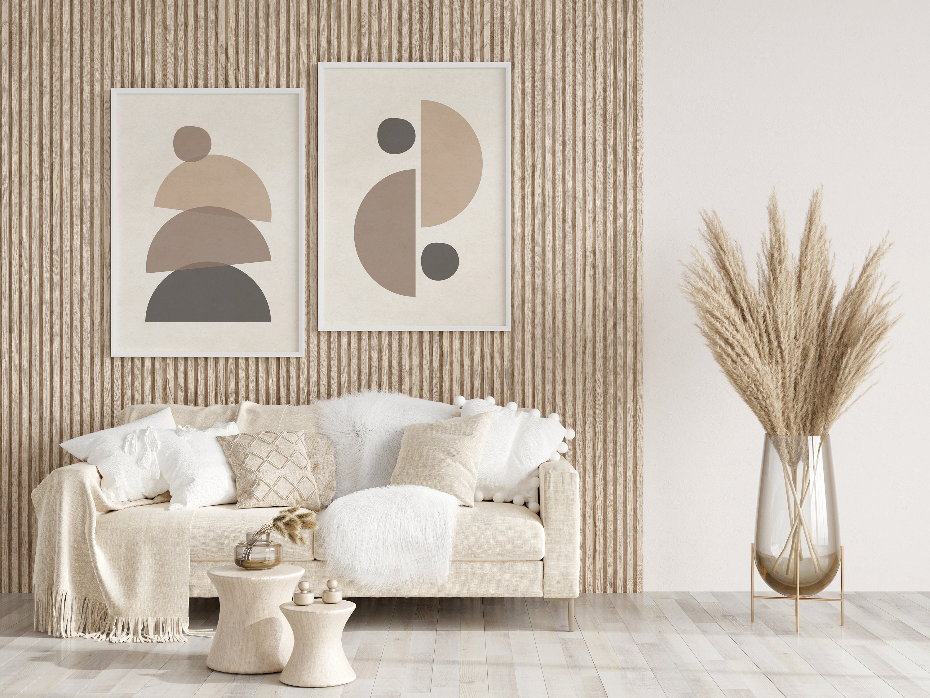 Mid Century Modern Art Print Set of 2, Neutral Geometric Shapes Wall ...