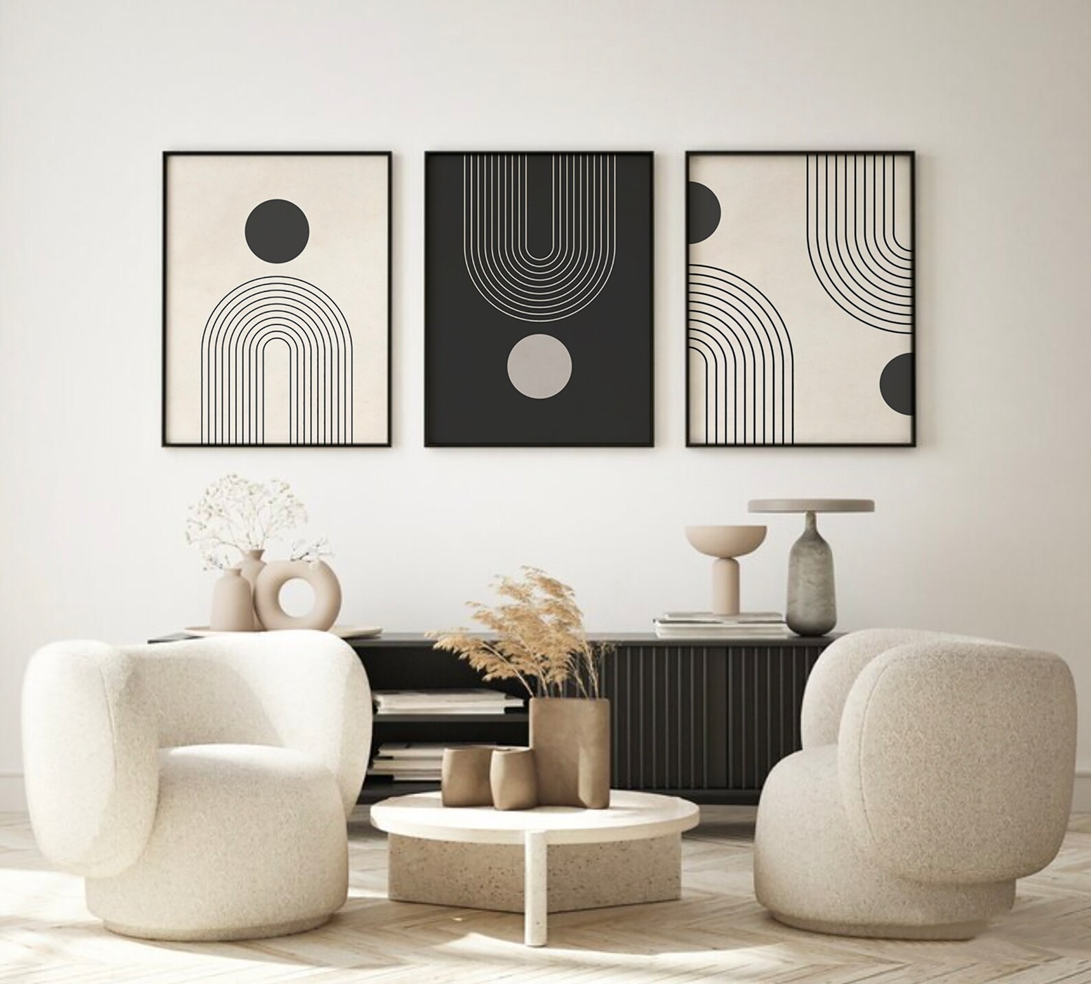 Mid Century Modern Printable Wall Art Set of 3, Neutral Black Art ...