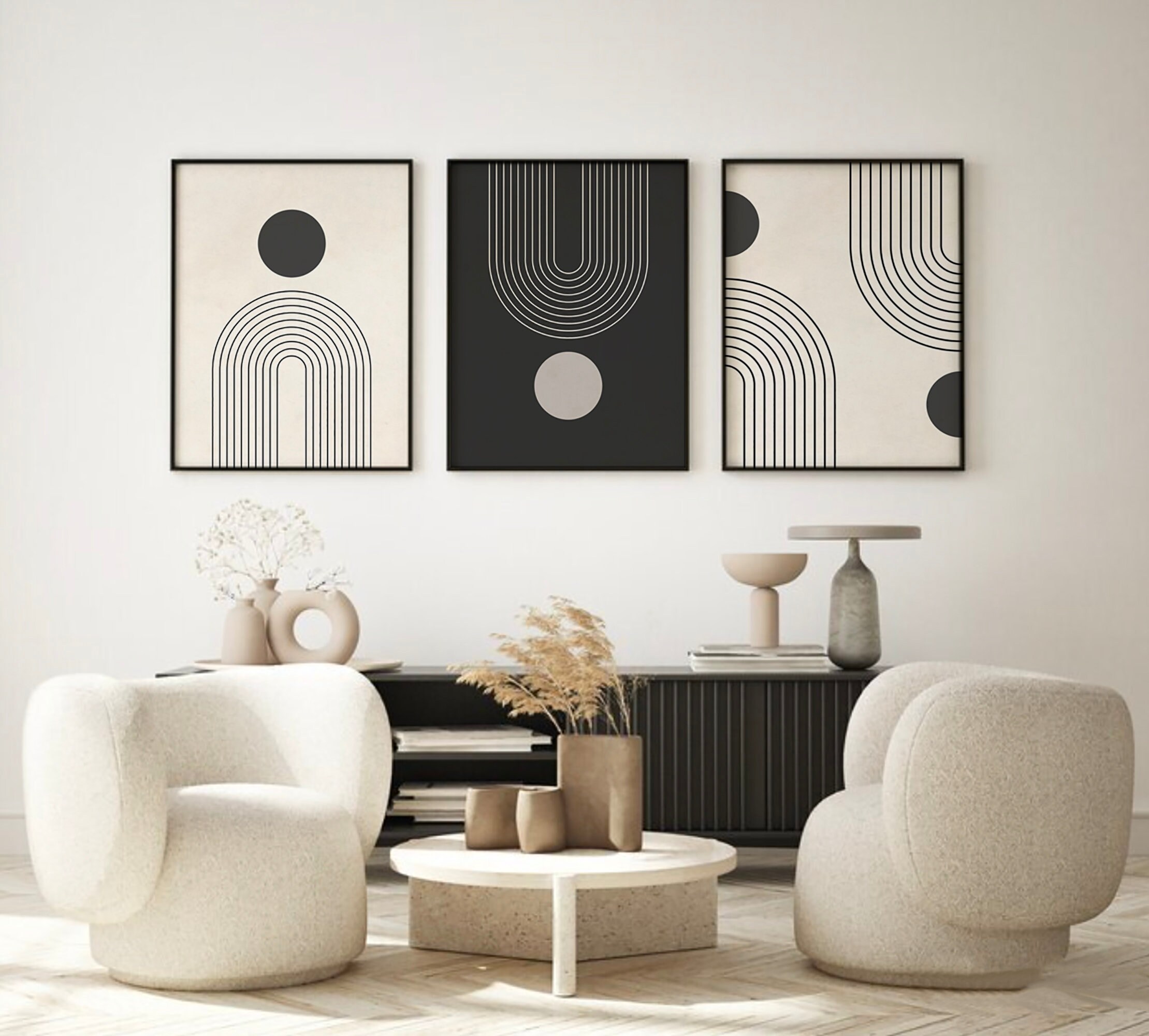 Mid Century Modern Printable Wall Art Set of 3, Neutral Black Art ...