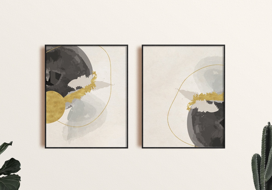 Black and Gold Wall Art, Gray Modern Printable Wall Art Set of 2 ...