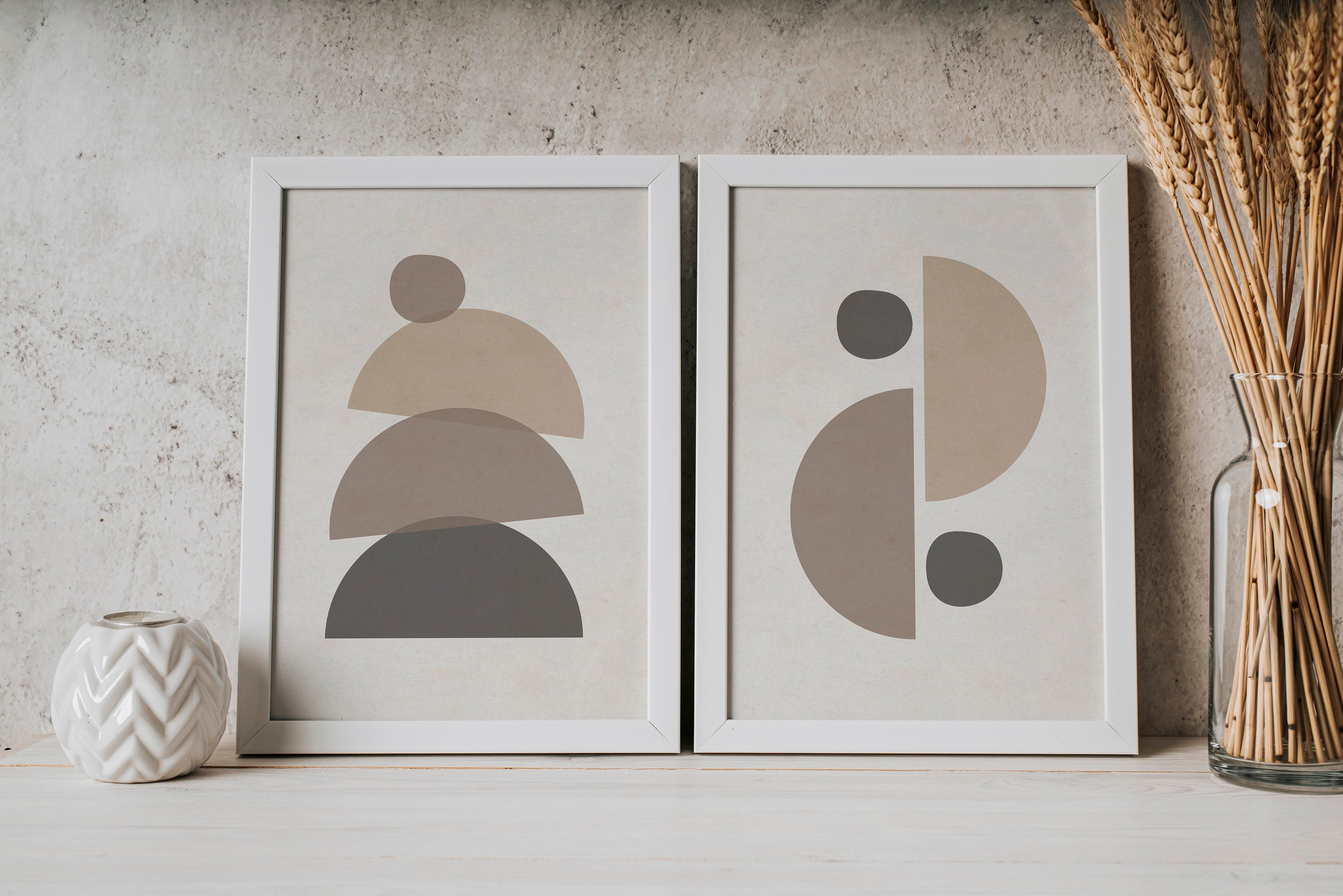 Mid Century Modern Art Print Set of 2 Neutral Geometric | Etsy