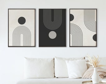 Conjunto de arte de pared imprimible moderno de mediados de siglo de 3, arte negro neutro, impresiones de descarga digital abstracta, conjunto de arte de pared Boho, arte abstracto mínimo