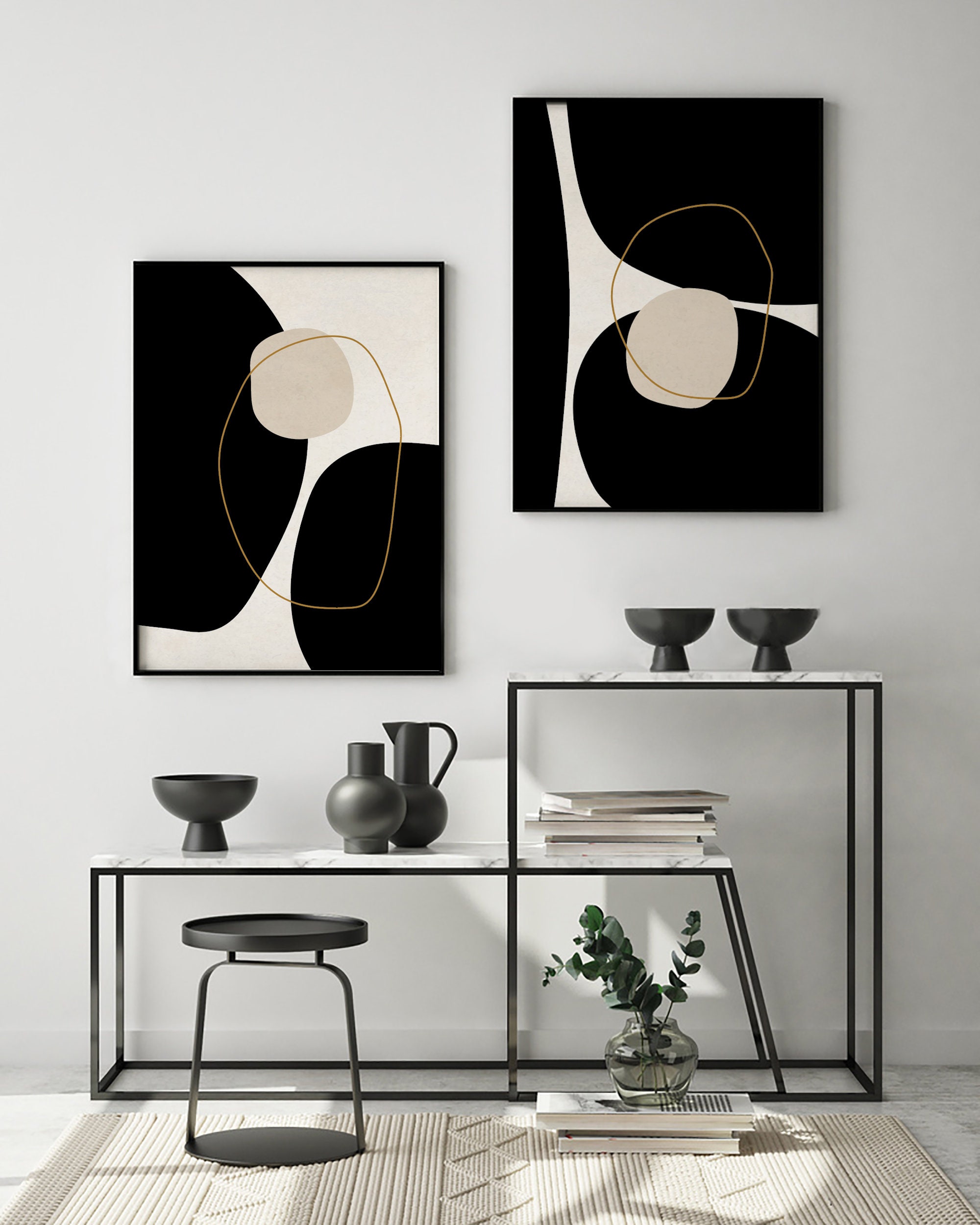 Modern Abstract Wall Art Print Set of 3, Black and Beige Geometric ...