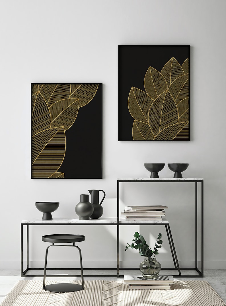 Black and Gold Wall Art, Modern Printable Wall Art Set of 2, Leaf Art ...