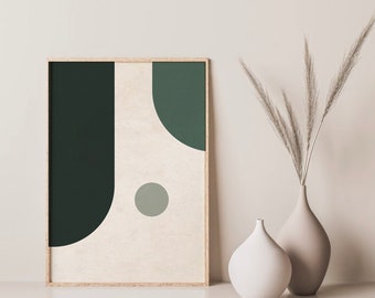 Arte de pared imprimible moderno de mediados de siglo, impresiones de descarga digital geométrica abstracta verde salvia, arte de pared verde bosque, decoración minimalista del hogar