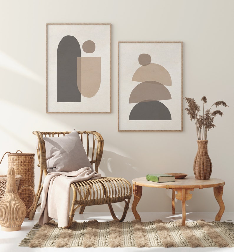 Juego de impresión de arte moderno de mediados de siglo de 2, arte de pared de formas geométricas neutras, juego de impresión de arte abstracto mínimo, arte de pared de decoración boho de impresión digital imagen 8