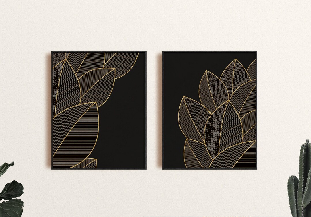 Black and Gold Wall Art, Modern Printable Wall Art Set of 2, Leaf Art ...