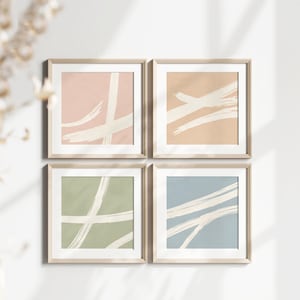 Modern Square Print Set of 4, Pastel Wall Art, Abstract Wall Art Prints, Minimal Art Print Digital, Gallery Wall Square Printable Art