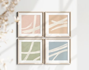 Modern Square Print Set de 4, Pastel Wall Art, Abstract Wall Art Prints, Minimal Art Print Digital, Gallery Wall Square Arte imprimible