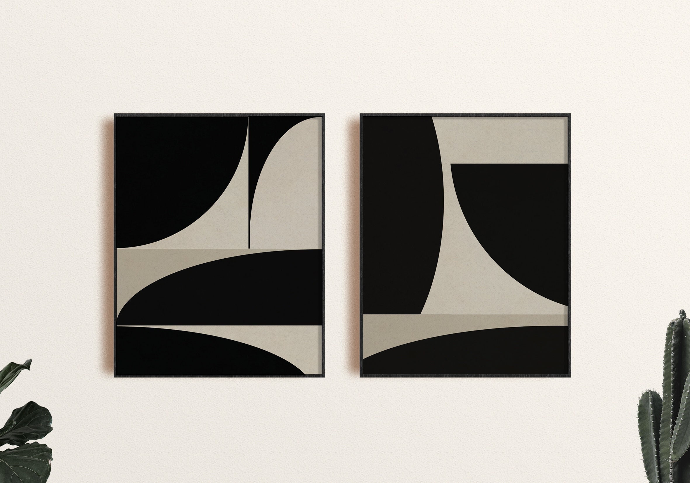 Modern Abstract Wall Art Print Set of 2, Black and Beige Geometric ...
