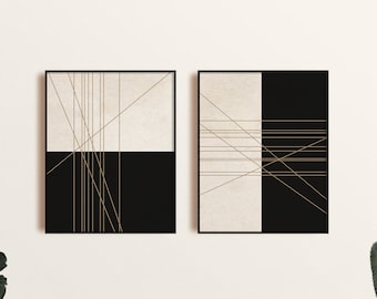 Conjunto minimalista abstracto de 2 impresiones de arte, arte moderno de mediados de siglo, abstracto neutro beige negro, arte de pared moderno imprimible, impresión de pared digital