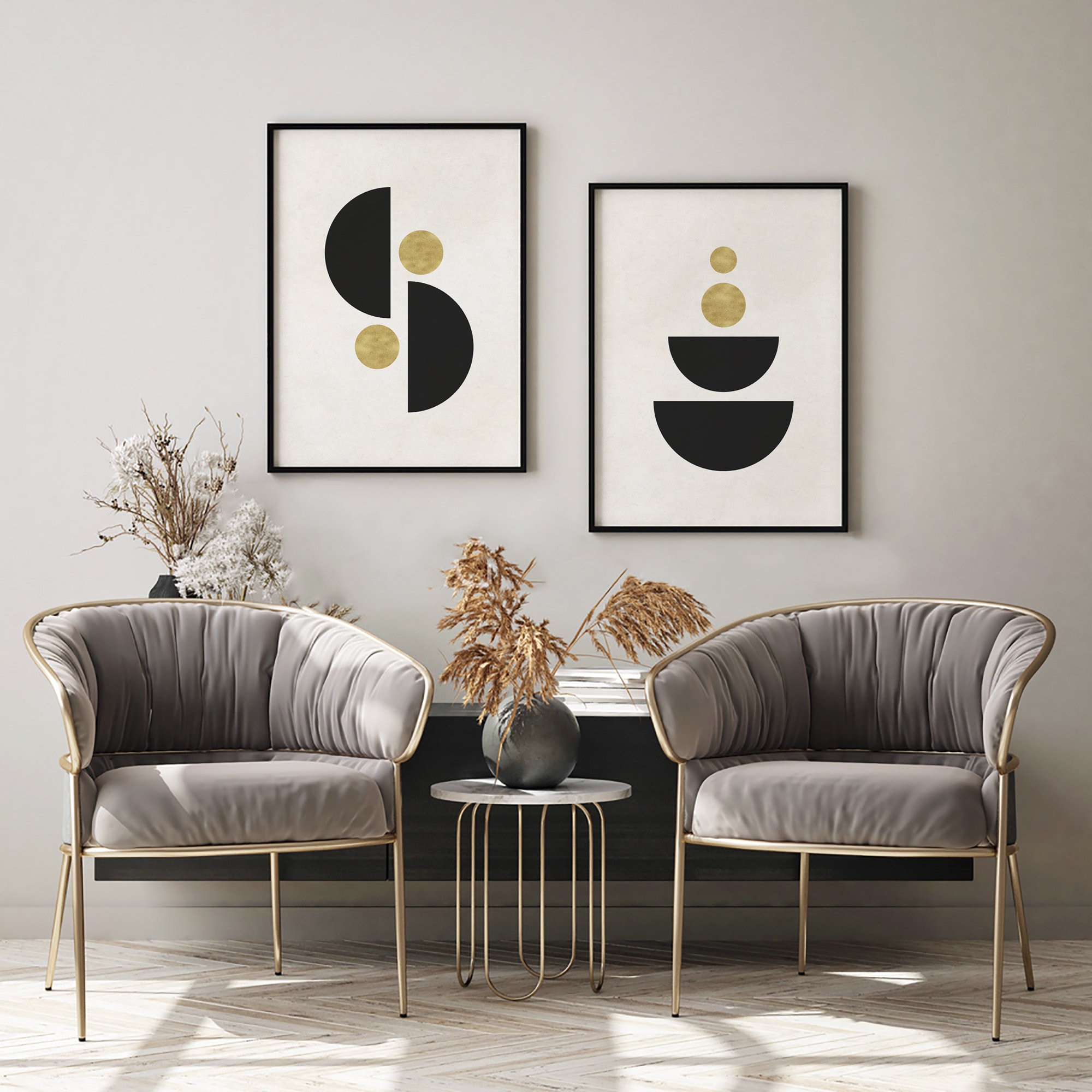 Mid Century Modern Printable Wall Art Set of 3, Black and Gold ...