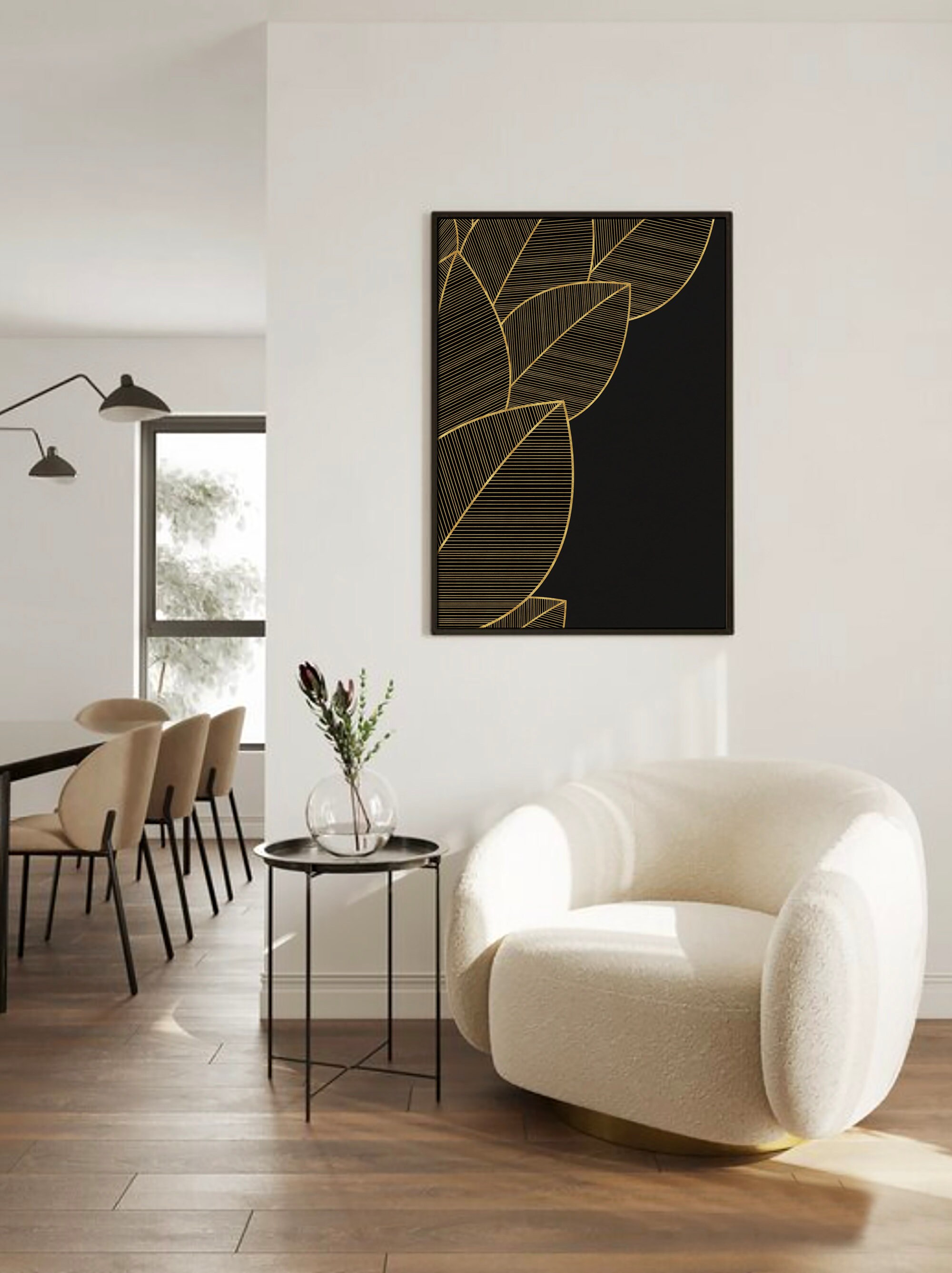 Black and Gold Wall Art, Modern Printable Wall Art Set of 2, Leaf Art ...