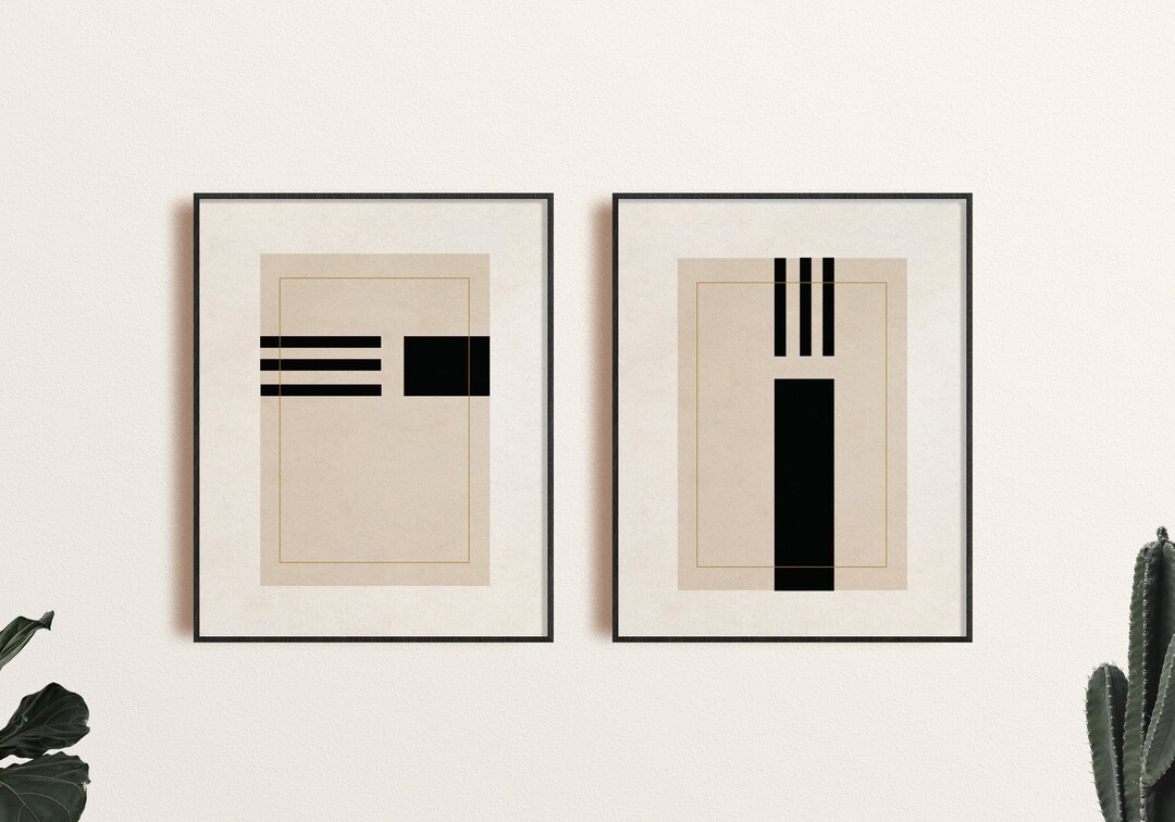 Modern Abstract Wall Art Print Et of 2, Black and Beige Geometric ...