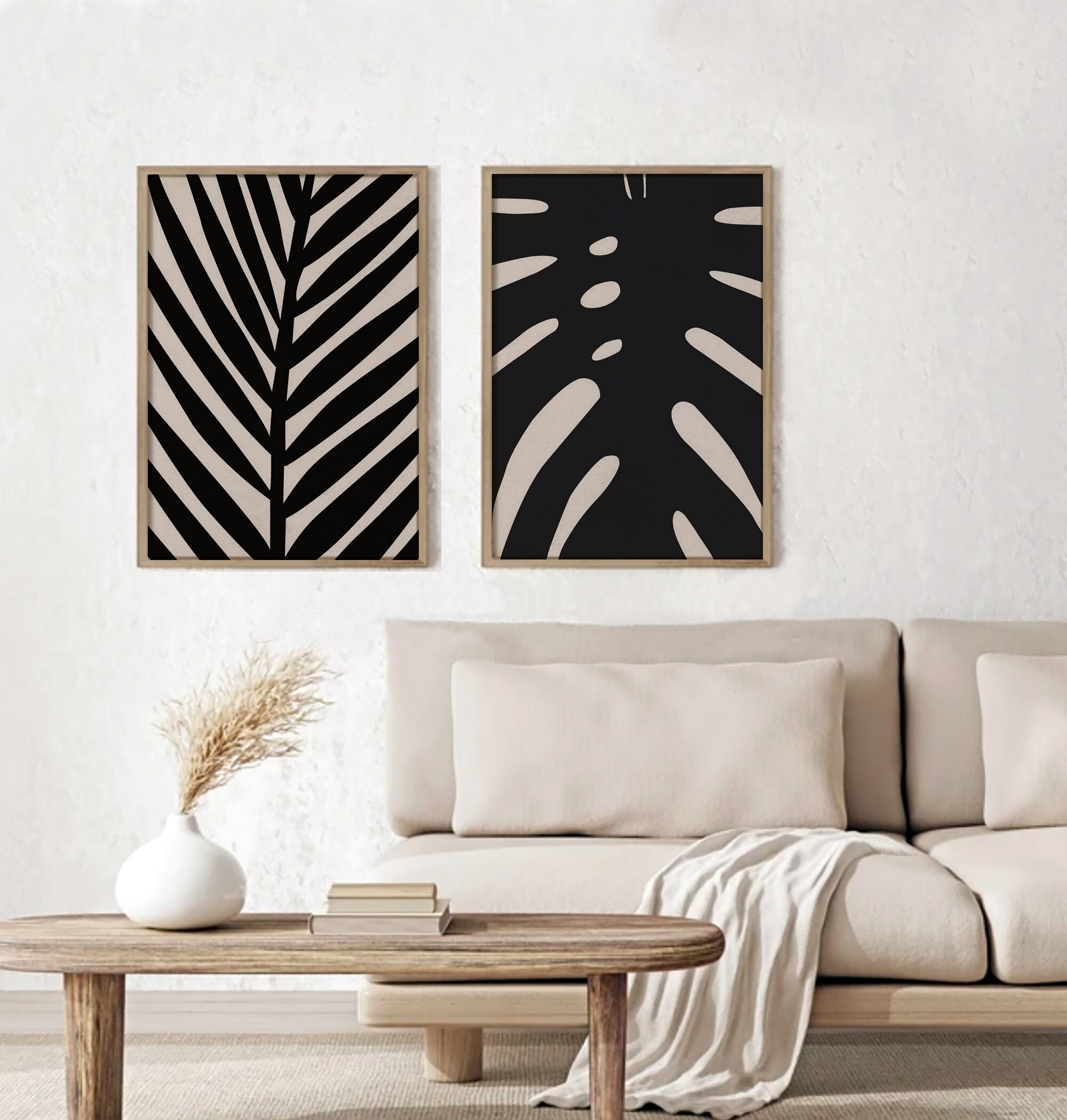 Abstract Wall Art Print Set of 2, Botanical Leaf Wall Art, Black and ...