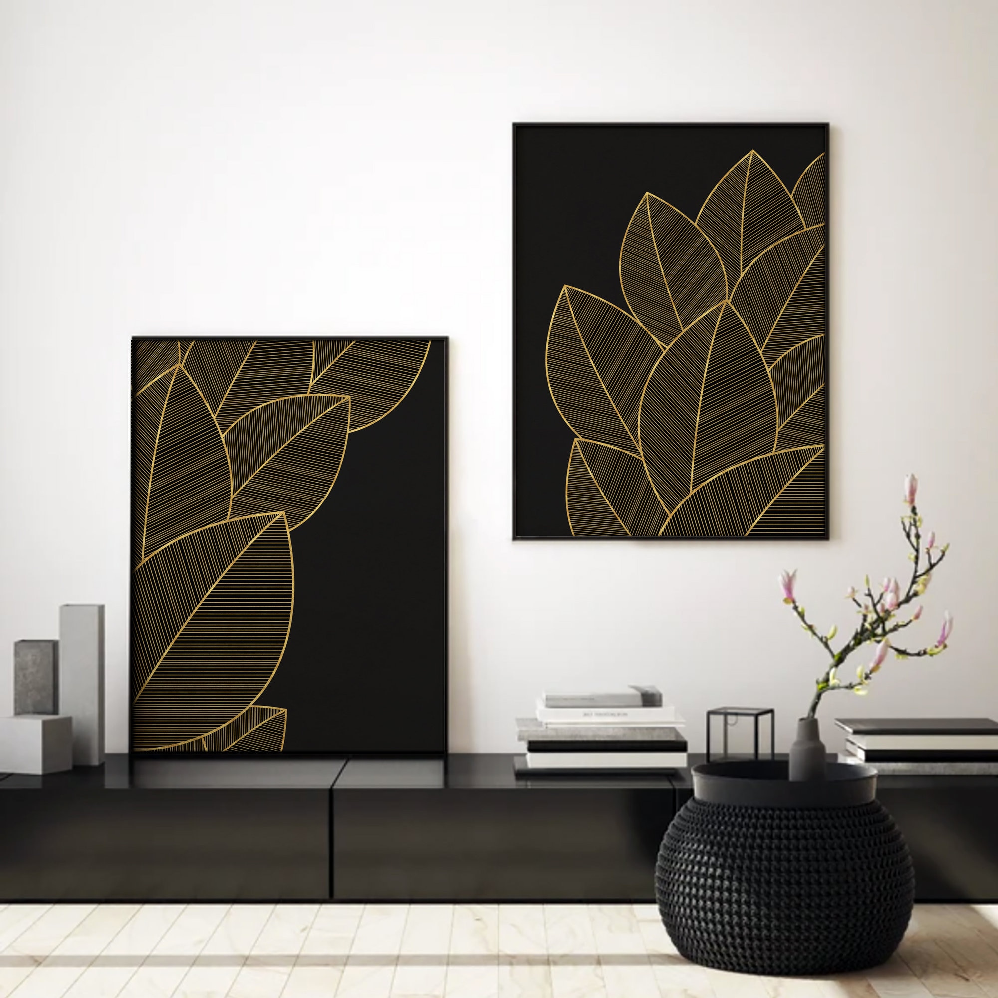 Black and Gold Wall Art, Modern Printable Wall Art Set of 2, Leaf Art ...