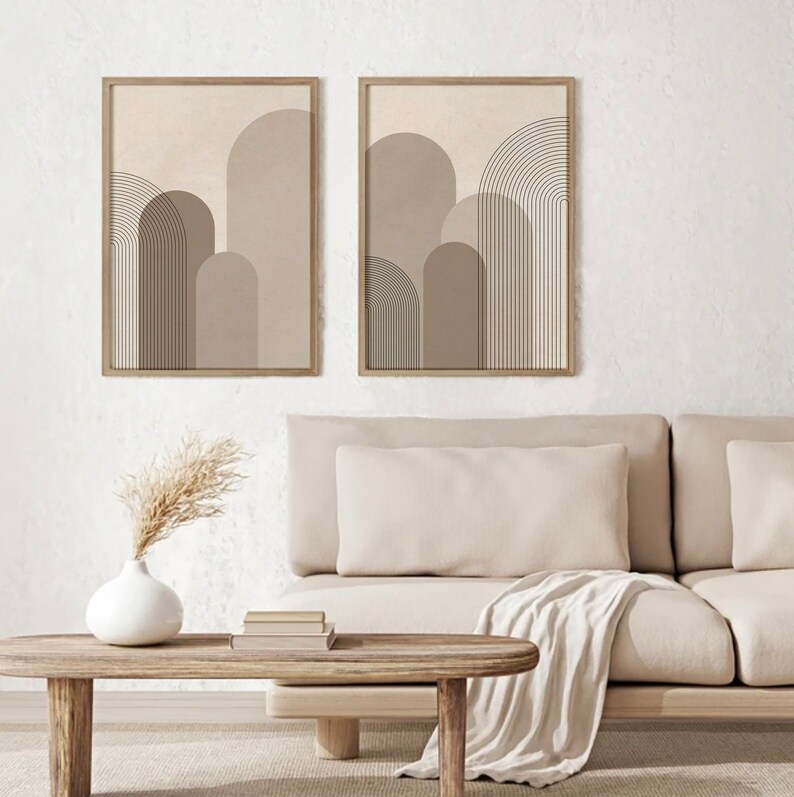 Mid Century Modern Wall Art Print Set of 2, Neutral Geometric Shapes ...